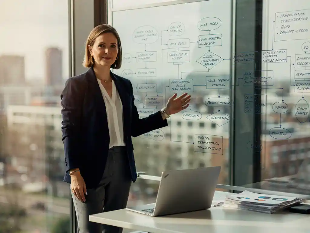 Vrouwelijke business analyst wijst naar een digitale transformatie-roadmap op een glazen whiteboard in een modern Rotterdams kantoor.