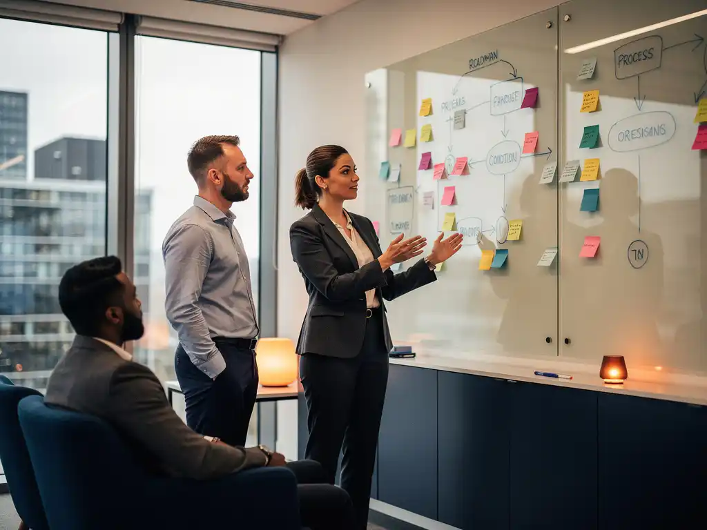 Vrouw in blazer leidt collega's door een veranderingsroadmap op een glazen whiteboard met plakbriefjes, modern Rotterdams kantoor.
