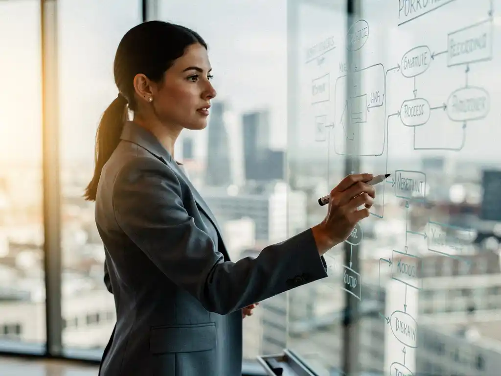 Vrouw in blazer analyseert workflowdiagrammen op glazen whiteboard in modern Rotterdams kantoor met vloer-tot-plafond ramen.