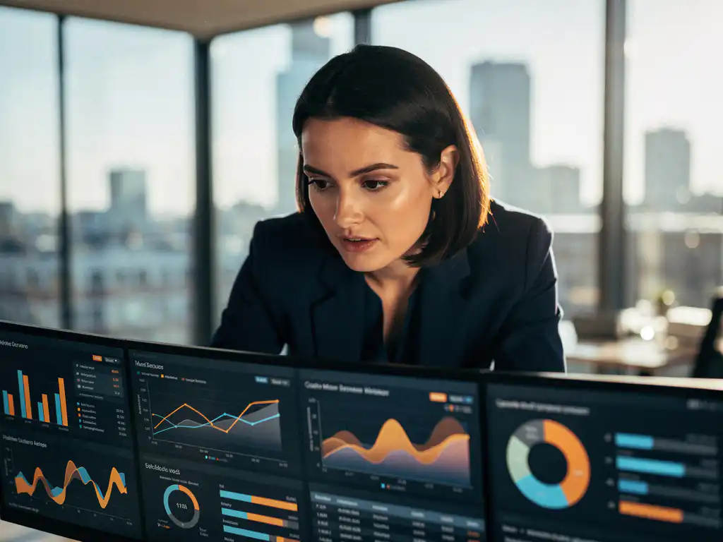 Vrouwelijke data-analist bekijkt kleurrijke prestatiedashboards op groot gebogen monitor in modern Rotterdams kantoor met glazen wanden.