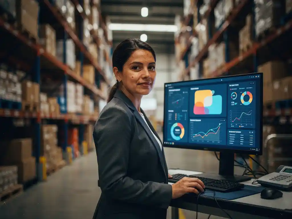 Vrouwelijke data-analist bekijkt supply chain dashboards op groot scherm in logistiek magazijn met georganiseerde voorraadrekken op de achtergrond.