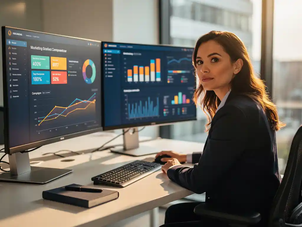 Vrouwelijke data-analist bestudeert marketingdashboards op meerdere monitoren in modern Rotterdam kantoor met warm natuurlijk licht.