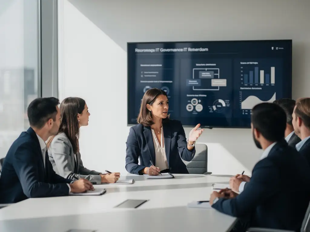 Vrouw in blazer leidt IT-governance bespreking aan moderne vergadertafel met dataframeworks op groot scherm, Rotterdams kantoor.