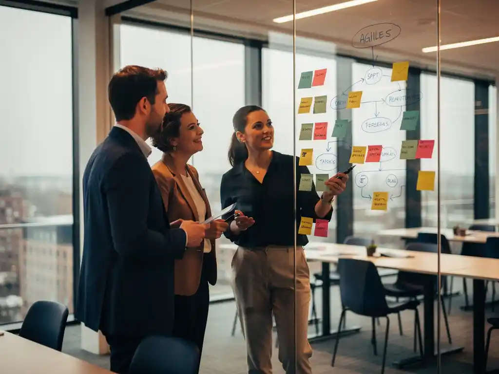 Vrouwelijke informatieanalist bij glazen whiteboard met sticky notes en Agile sprint-diagrammen, omringd door collega's in modern Rotterdams kantoor.