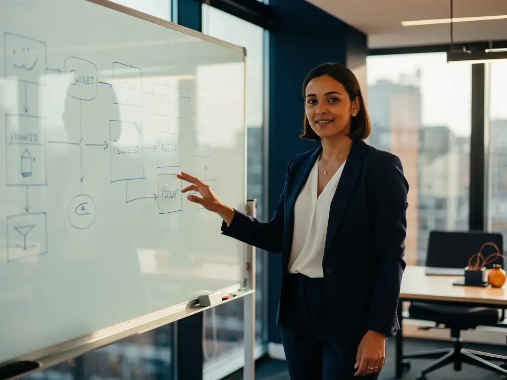 Vrouwelijke informatieanalist wijst naar processtroomdiagram op glazen whiteboard in modern Rotterdams kantoor met natuurlijk licht.