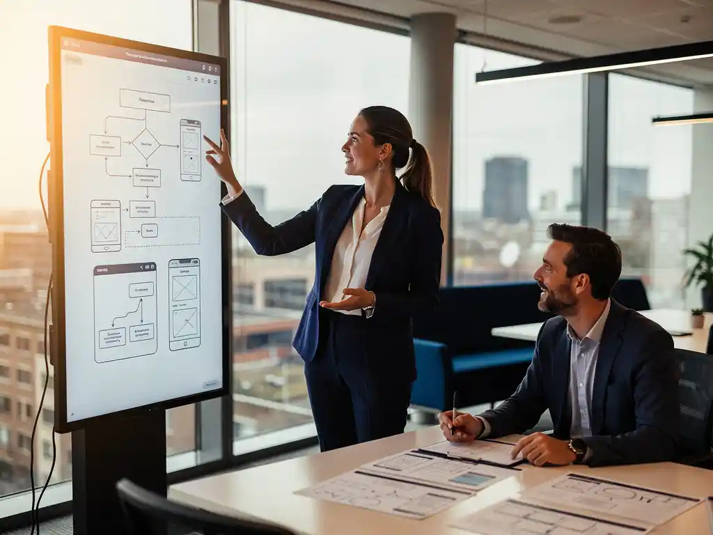 Vrouwelijke business analyst presenteert UX-flows op touchscreen, collega bestudeert procesdocumenten in modern Rotterdams kantoor.