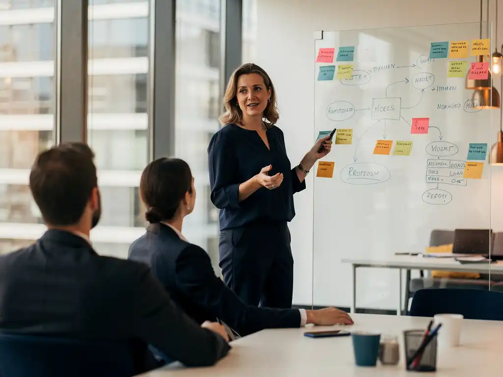 Vrouwelijke business analyst leidt bespreking bij glazen whiteboard met sticky notes en procesdiagrammen in modern Rotterdams kantoor.
