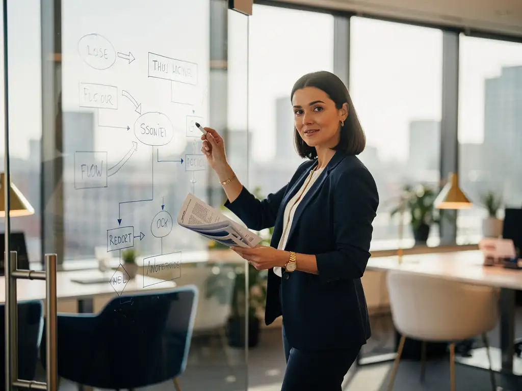Vrouwelijke business analyst bekijkt financiële rapporten bij glazen whiteboard met stroomdiagrammen in modern Rotterdams kantoor.