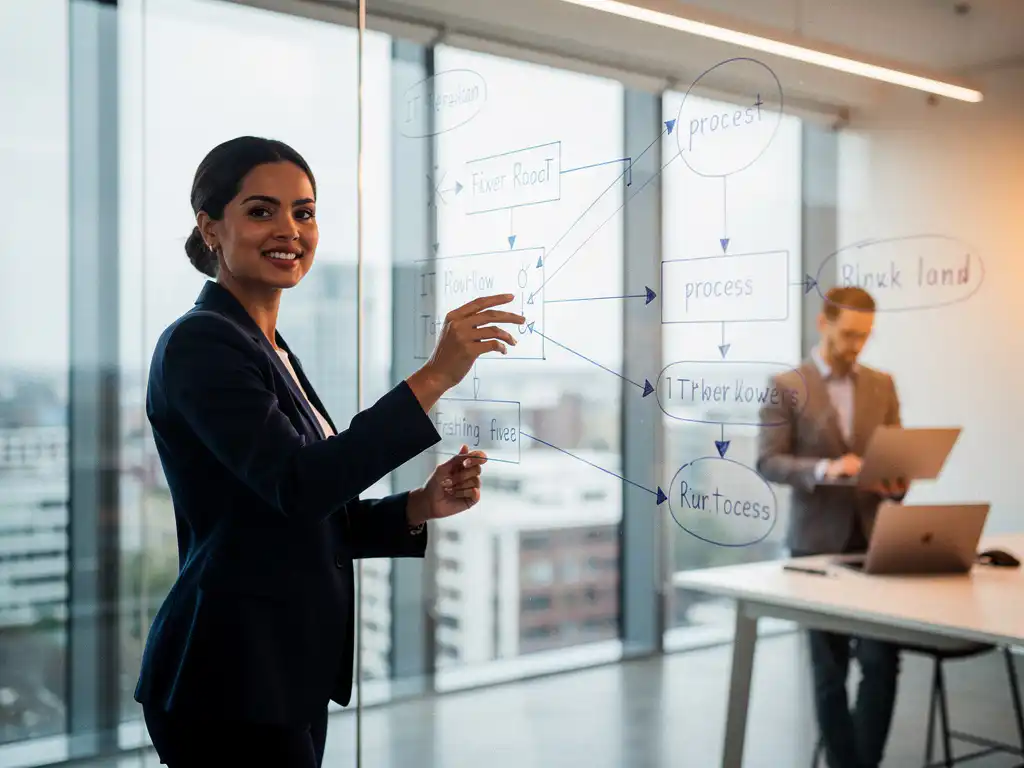 Vrouwelijke business analyst wijst naar IT-workflowdiagram op glazen whiteboard in modern Rotterdams kantoor.