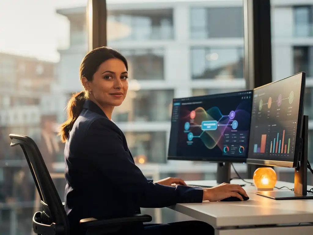 Vrouwelijke data-analist bekijkt dashboards op twee monitoren in modern Rotterdams kantoor met vloer-tot-plafond ramen.