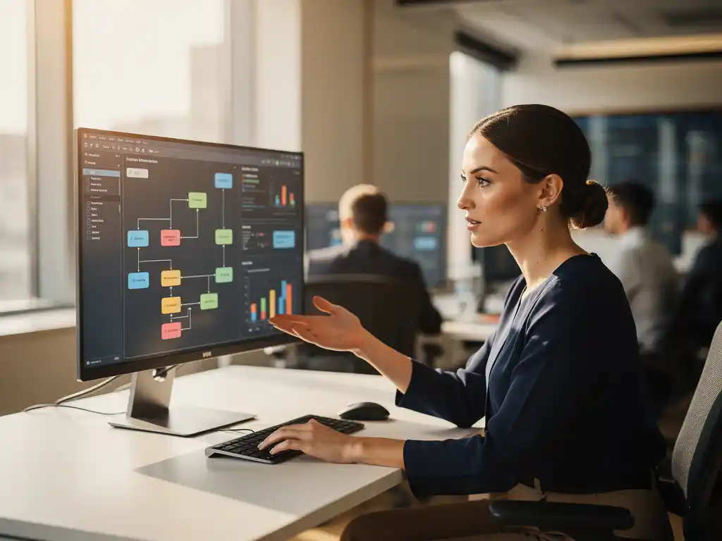 Vrouwelijke informatieanalist leidt bespreking bij modern werkstation met dataschema's en workflowdiagrammen op groot scherm.