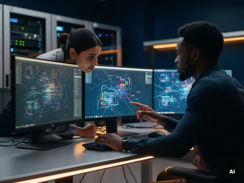 Twee IT-professionals analyseren netwerkdashboards op dubbele monitoren in een modern security operations center met serverracks op de achtergrond.
