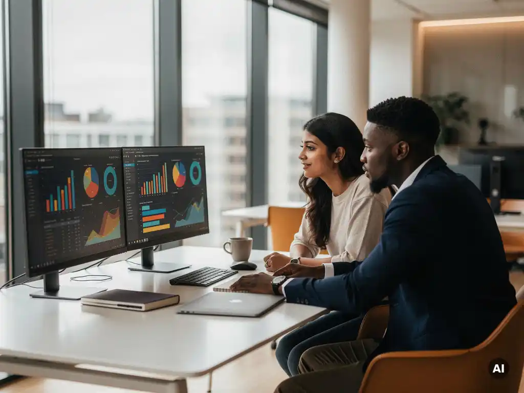 Twee collega's bekijken datavisualisaties op twee monitoren aan een modern bureau in een Rotterdams kantoor.