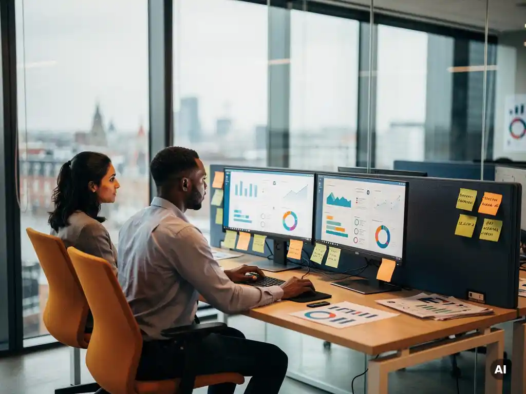 Twee collega's analyseren marketingdashboards op twee monitoren in een modern Rotterdams kantoor met warm natuurlijk licht.