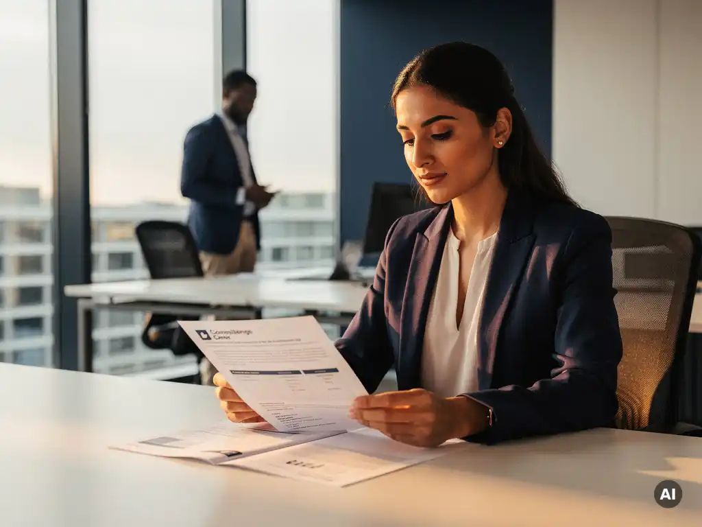 Vrouw in zakelijke kleding bestudeert compliance document aan modern bureau in licht Rotterdams kantoor, collega op de achtergrond.