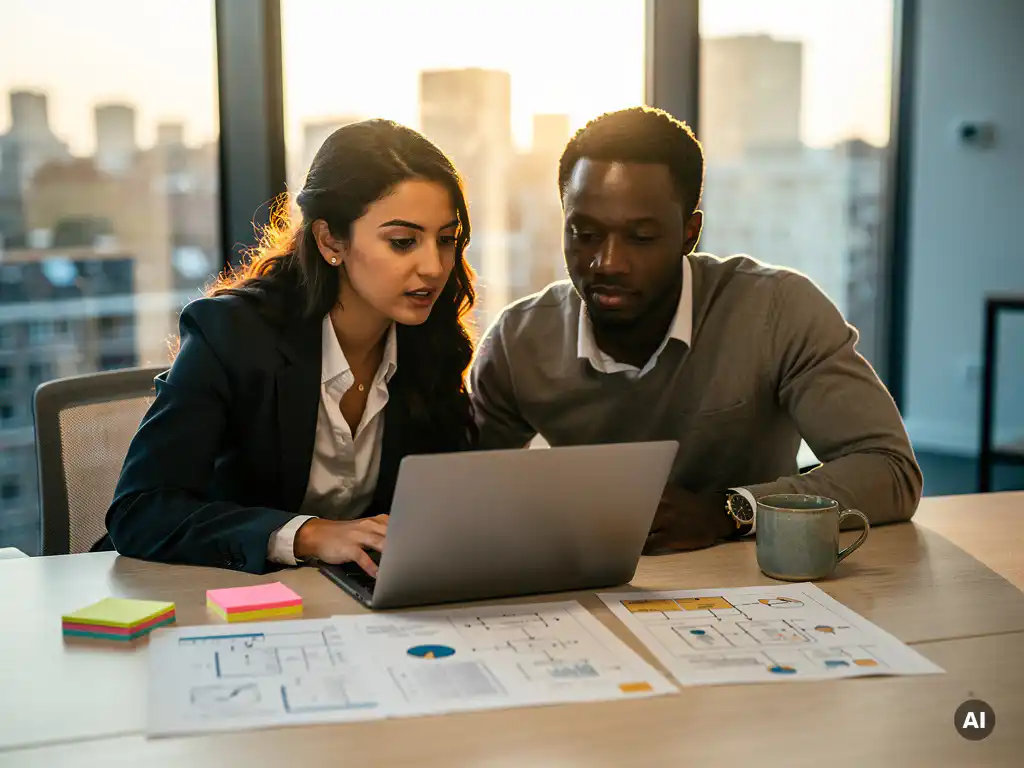 Twee collega's overleggen over procesdiagrammen en een laptop op een modern kantoor in Rotterdam, omgeven door sticky notes en een koffiemok.