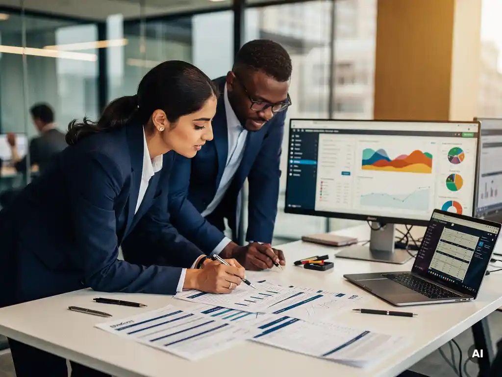 Vrouw en man overleggen over verzekeringsdocumenten en datadashboards op een modern werkstation in een open kantooromgeving.