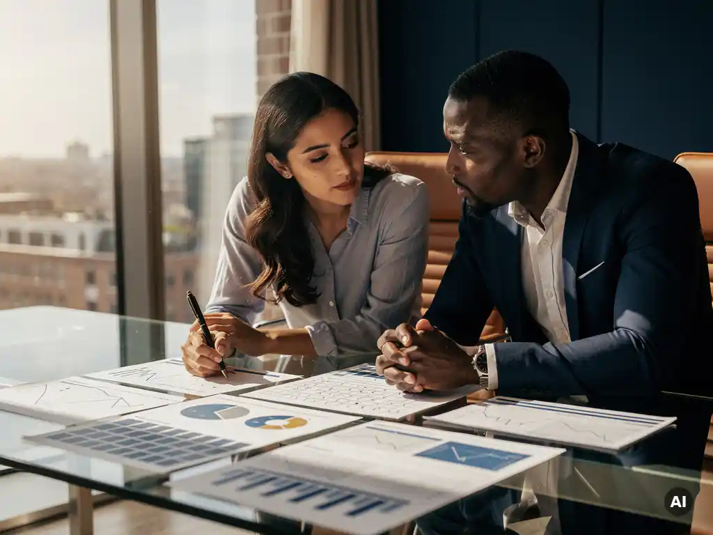 Twee collega's analyseren verzekeringsrisicorapportages op een glazen bureau in een modern Rotterdams kantoor met grote ramen.